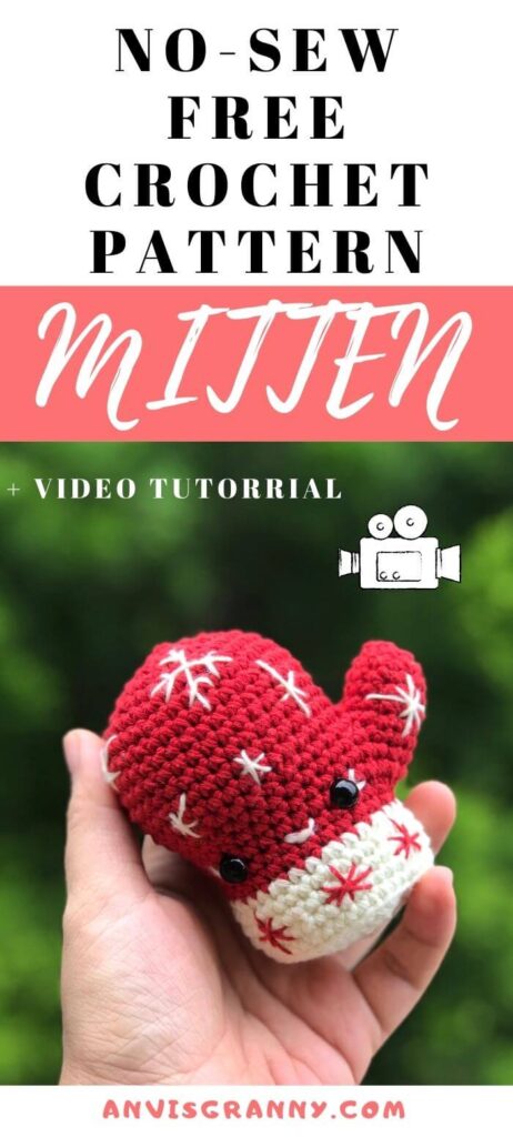 Christmas ornament crochet free pattern of little mitten, no sew free crochet pattern with video tutorial for beginners