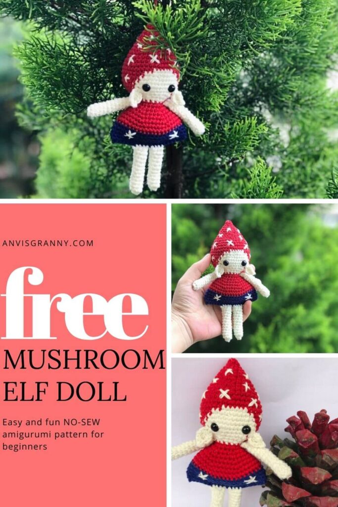 Free No-sew Christmas Mushroom Elf amigurumi pattern and video tutorial for beginners