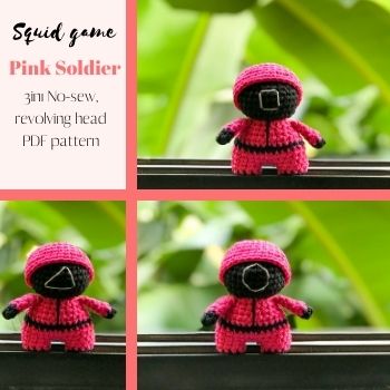 3in1 Crochet Squid Game Pink Soldier – No-sew Free Amigurumi Pattern